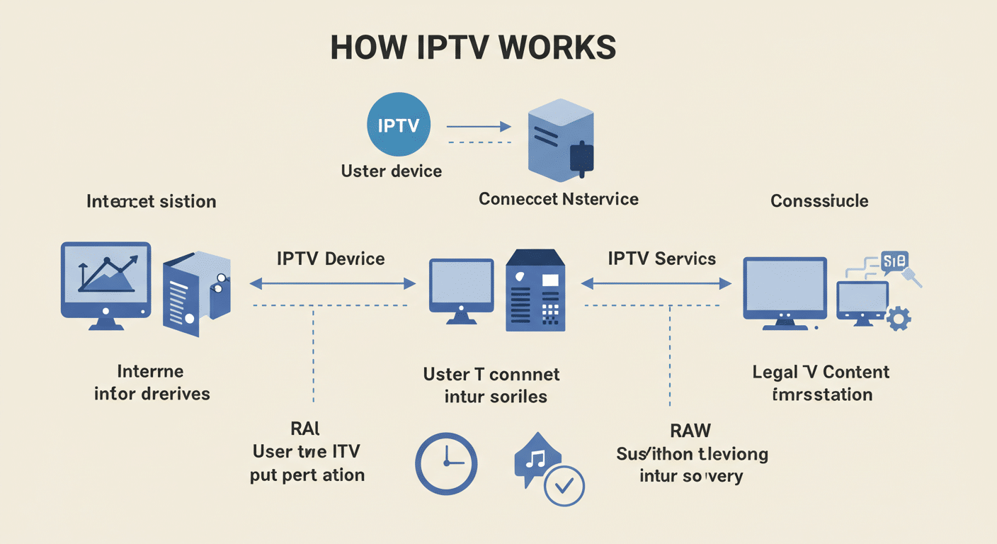 Diagrama explicativo de cómo funciona IPTV y por qué iptv es gratis en plataformas legales.