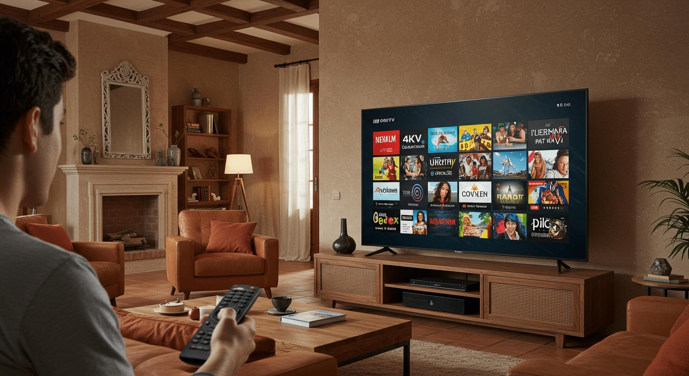 cccambox prueba en un televisor 4K con canales IPTV en un salón moderno