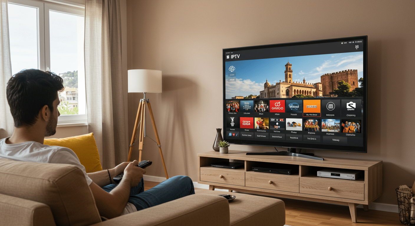 sala moderna viendo cccambox iptv en televisión