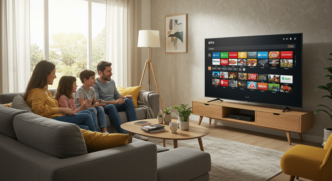 familia viendo televisión en casa con cccambox descuento aplicado