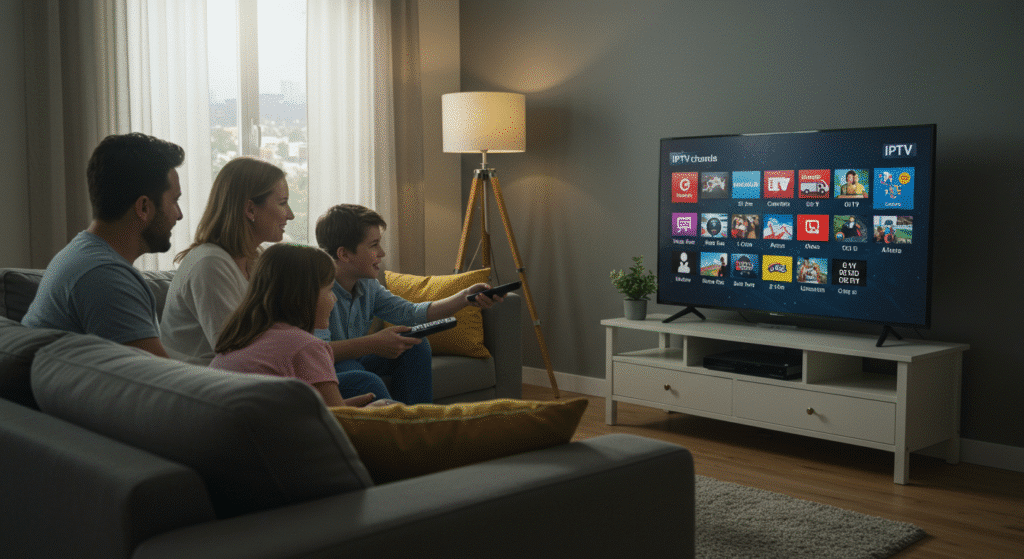 Familia española viendo IPTV en Smart TV demostrando que iptv es gratis en 2025.