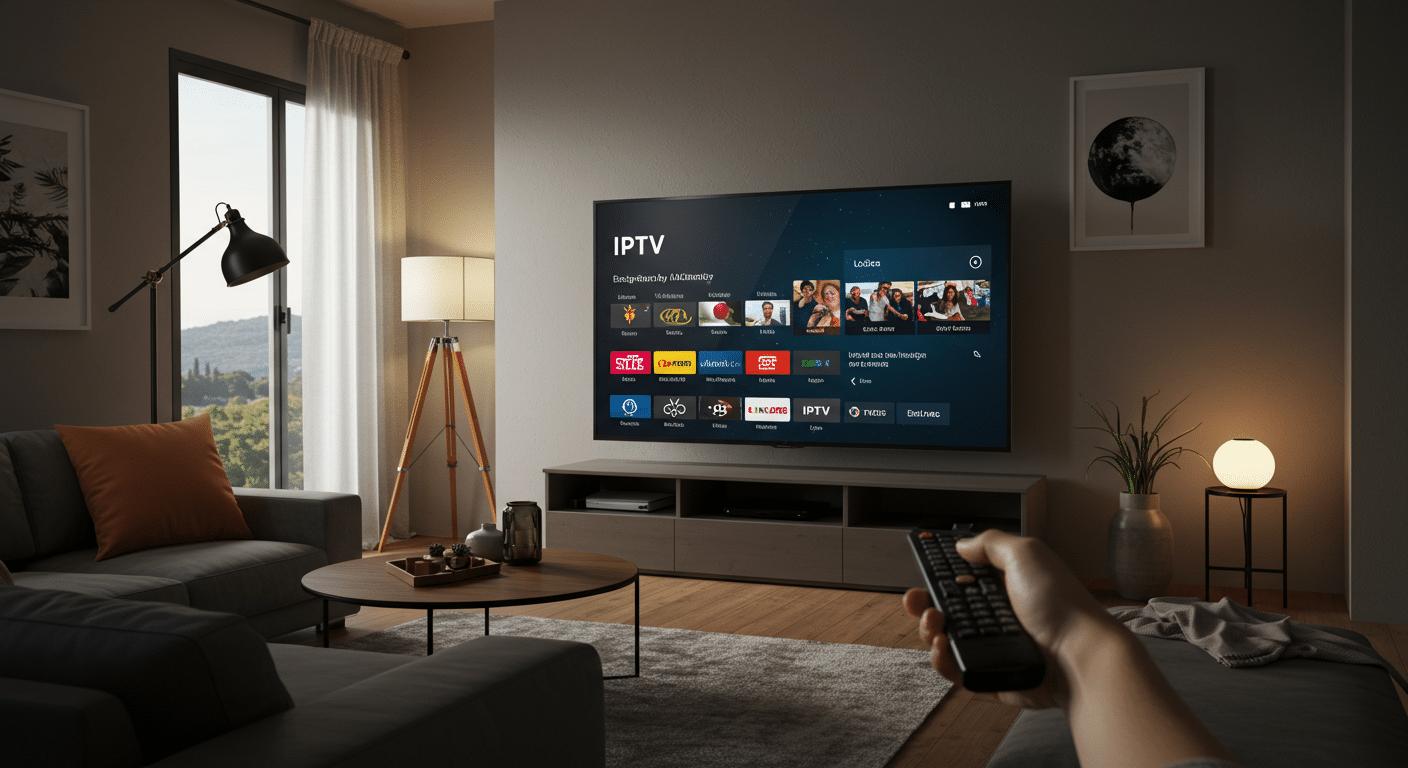 Persona viendo televisión en casa usando IPTV en una Smart TV, representación visual de qué es IPTV