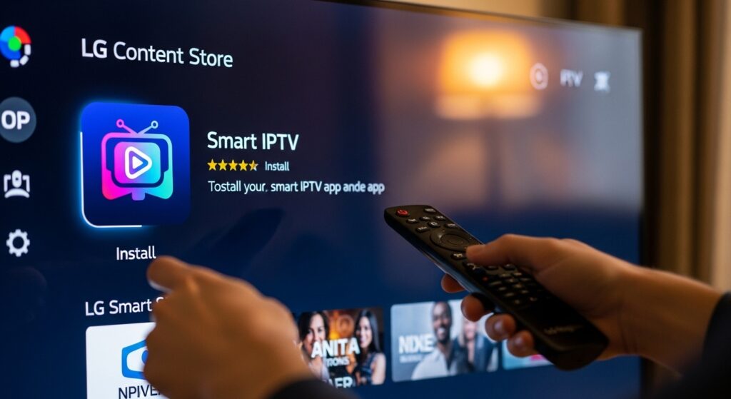 instalación de smart iptv en smart tv lg mostrando pantalla de descarga