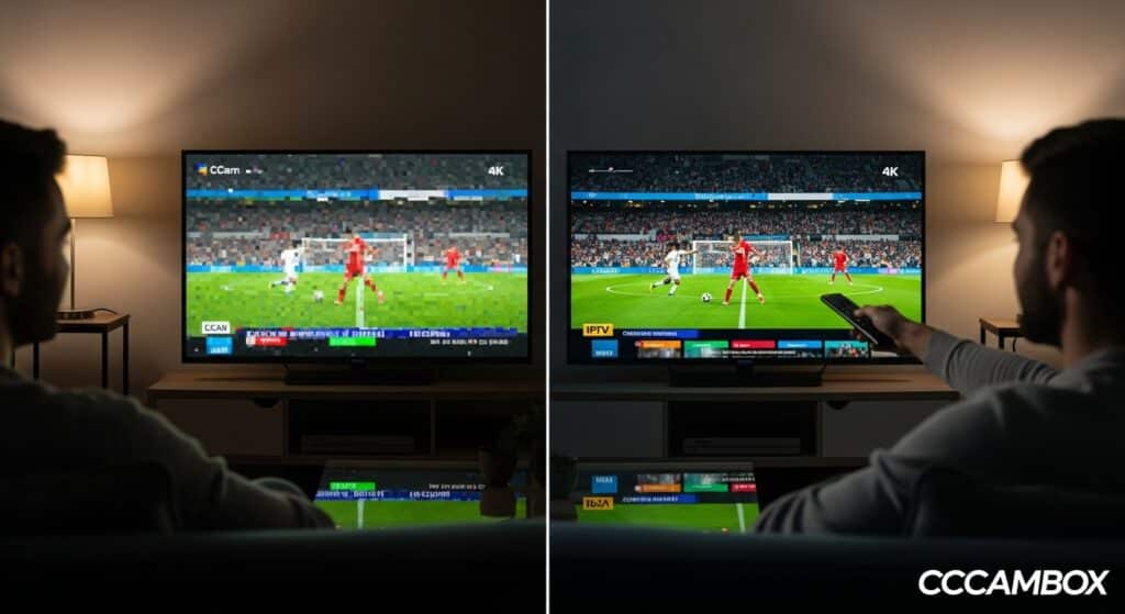 Comparativa visual de CCCAMBOX IPTV frente a CCcam en calidad y estabilidad.