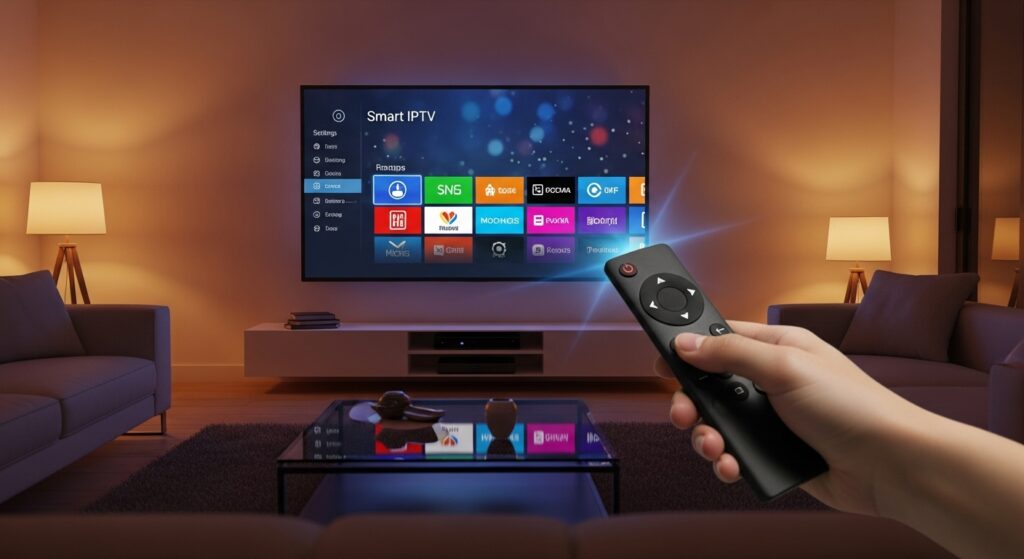 guía completa de smart iptv mostrando interfaz en smart tv moderna